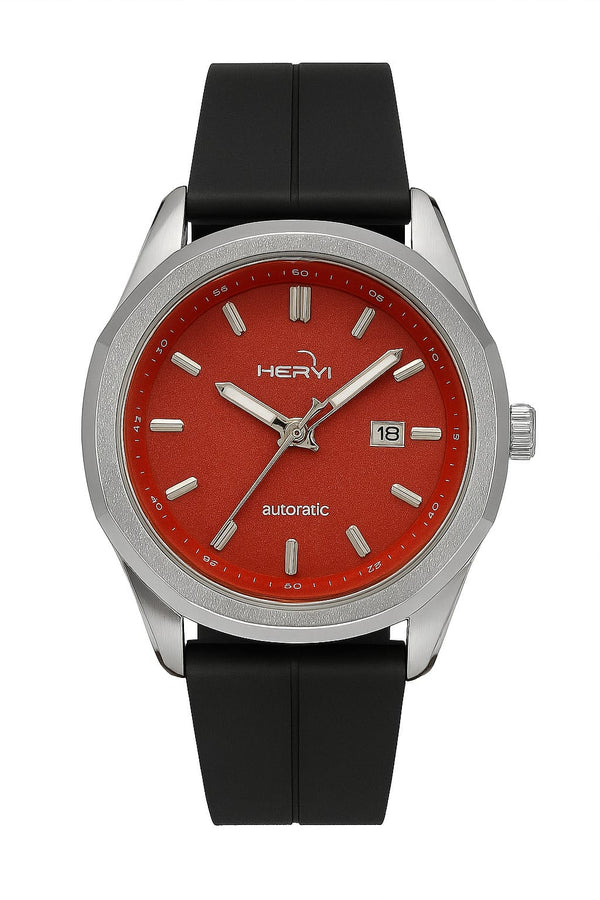 HERYI Red Dial Automatic Watch – Silver Case with Black Silicone Strap | AdiFashion Bold Series