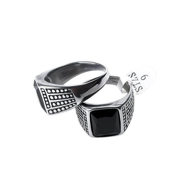 Men's Silver Ring with Black Stone & Textured Detailing