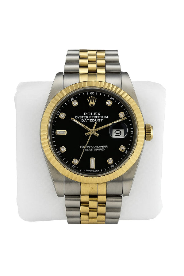 Rolex Datejust Style Two-Tone Watch – Black Dial with Diamond Markers
