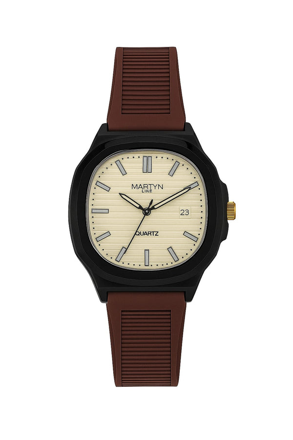 Martyn Line Quartz Watch – Beige Dial with Brown Strap & Black Case | Timeless Casual Style