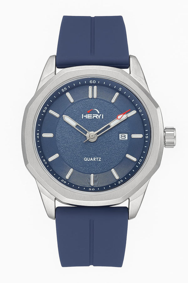 HERYI Blue Dial Quartz Watch – Silver Case with Navy Silicone Strap | AdiFashion Active Series