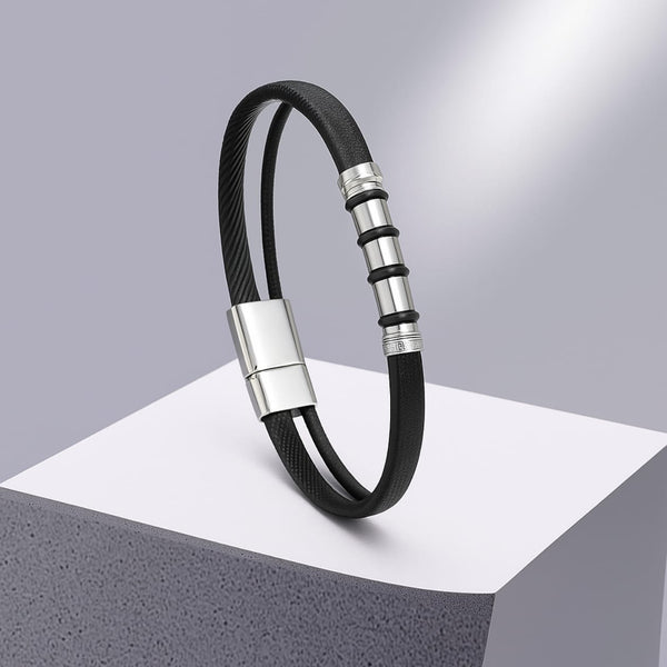Men's Dual-Cord Leather Bracelet with Steel Accents – Black