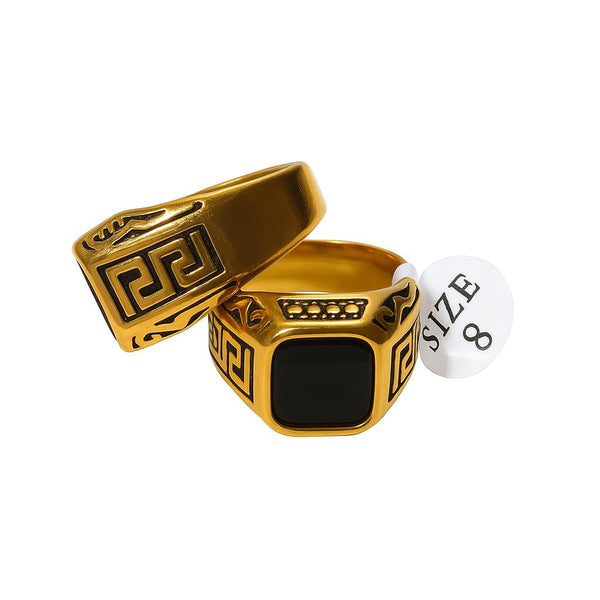 Men's Gold-Plated Ring with Black Stone – Greek Pattern