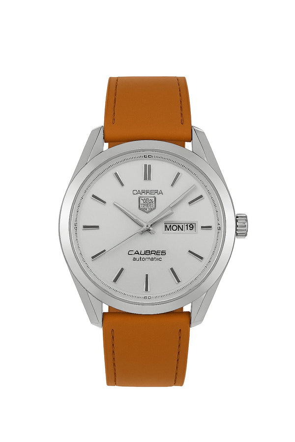 Carrera Calibre 5 Automatic Watch – Silver Dial with Orange Leather Strap | Bold Luxury Redefined