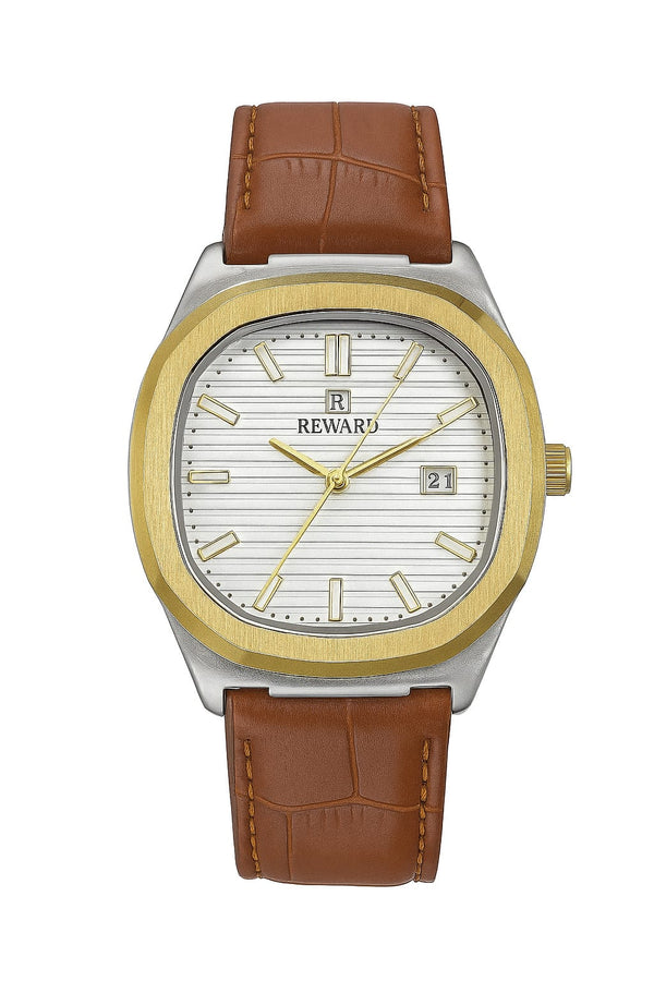 Reward Two-Tone Classic Watch – Brown Leather Strap with Gold Bezel | AdiFashion Elegance