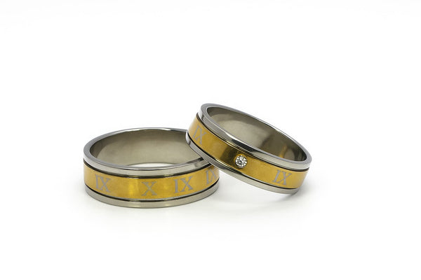 Roman Numeral Gold & Silver Couple Ring with Crystal Accent