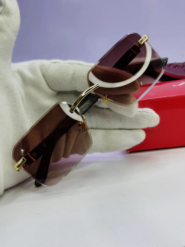 Cartier-Inspired Rose Brown Rimless Sunglasses – Dark Wood Arms | AdiFashion Elegant Edition