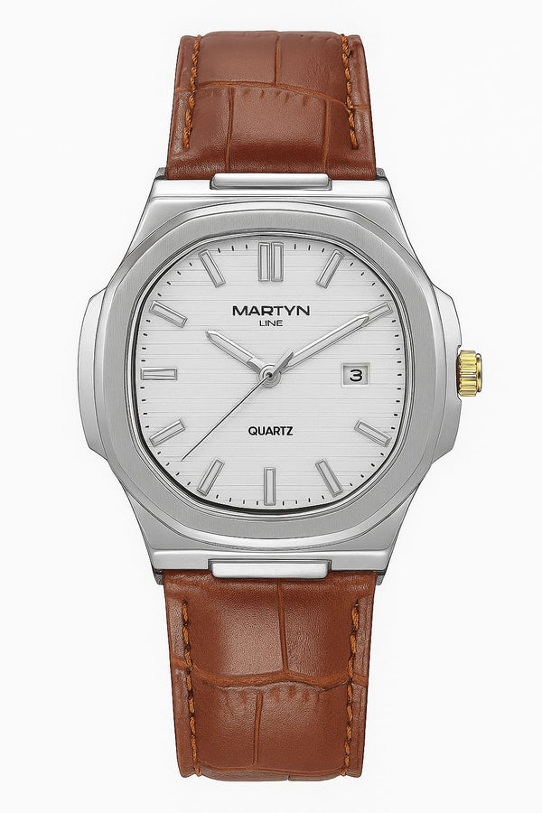 Martyn Line Classic Quartz Watch – Silver Dial with Brown Leather Strap | AdiFashion Collection