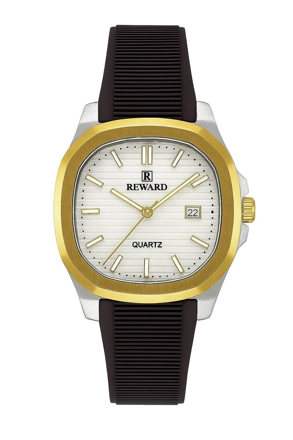 REWARD Quartz Watch – Gold Bezel with White Dial & Black Strap | Bold Meets Elegant